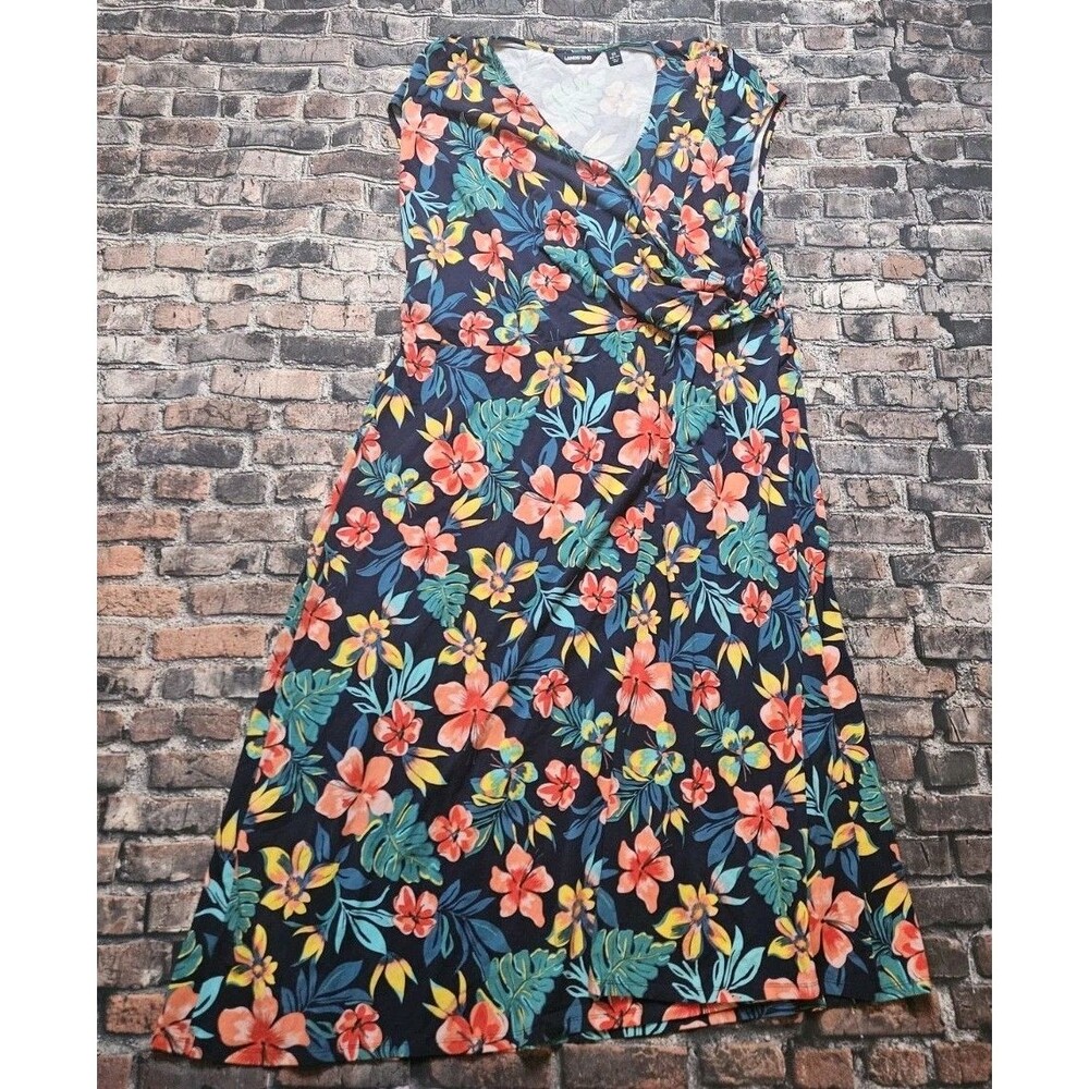 Lands' End Floral Midi Dress Plus Size 3X Navy Blue Faux Wrap
